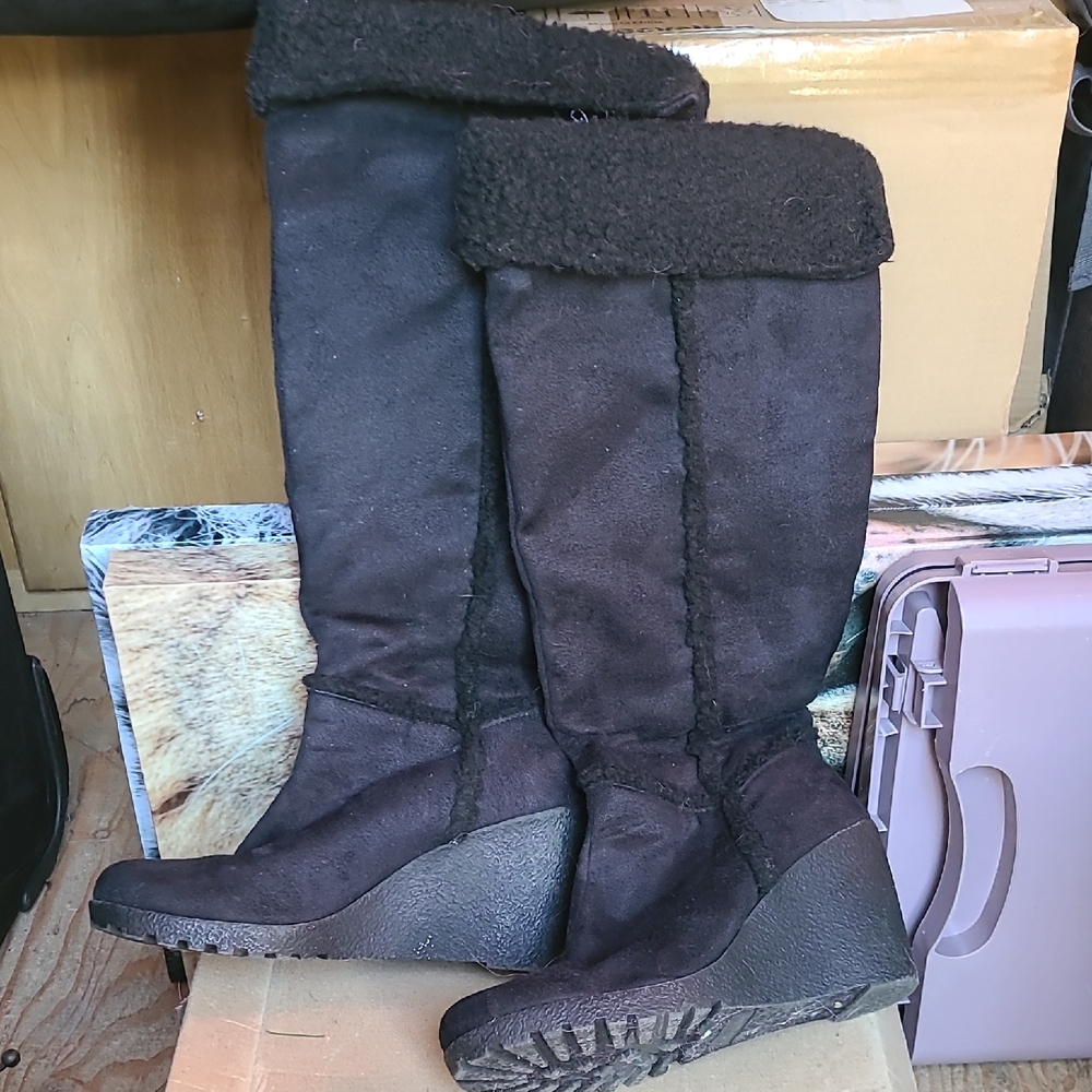 Black Suede Knee High Women's Wedge Boots